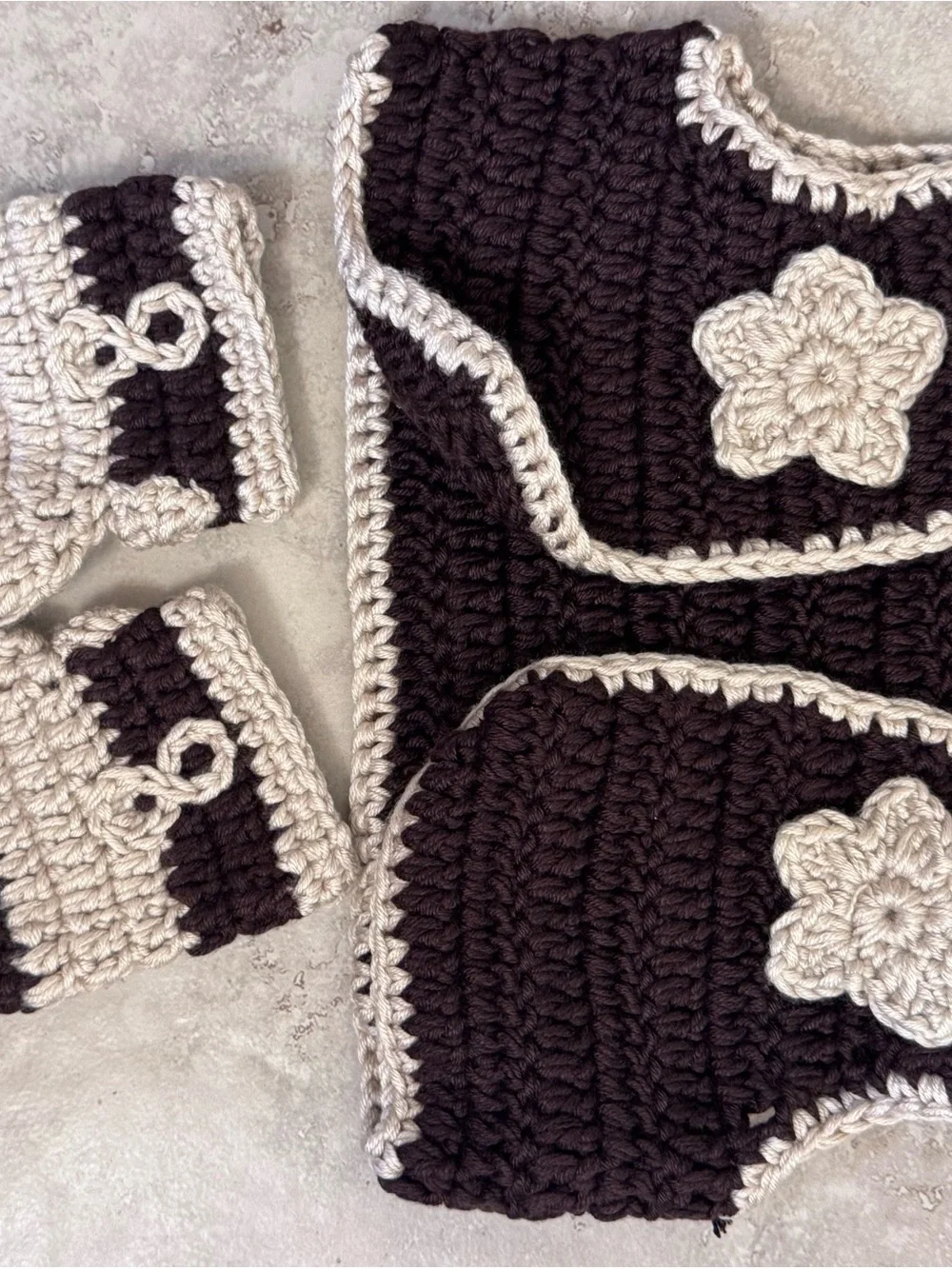 Handmade Crochet Baby Set in Dark Brown and Cream